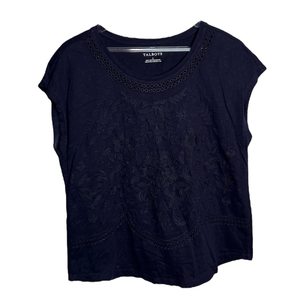 Talbots Navy Blue Embroidered Flower Print Short Sleeve Top